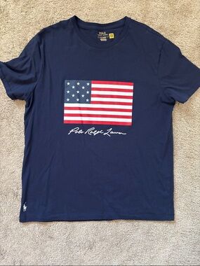 Polo by Ralph Lauren Navy Tee with American Flag Graphic- size large